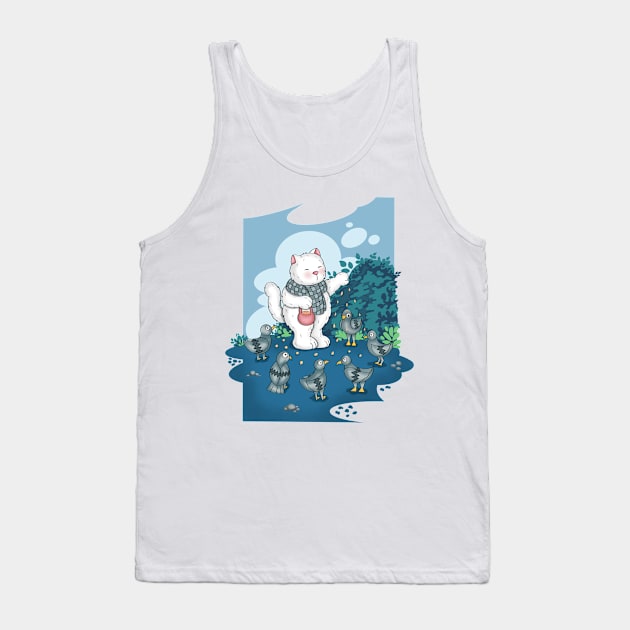 A white cat is feeding birds Tank Top by Athikan